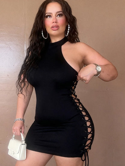 Sexy Backless Halter Dress Women Shirring Elegant Hottie Skinny Peach Hip Beach Vacation Street Clubwear Mini Bodycon