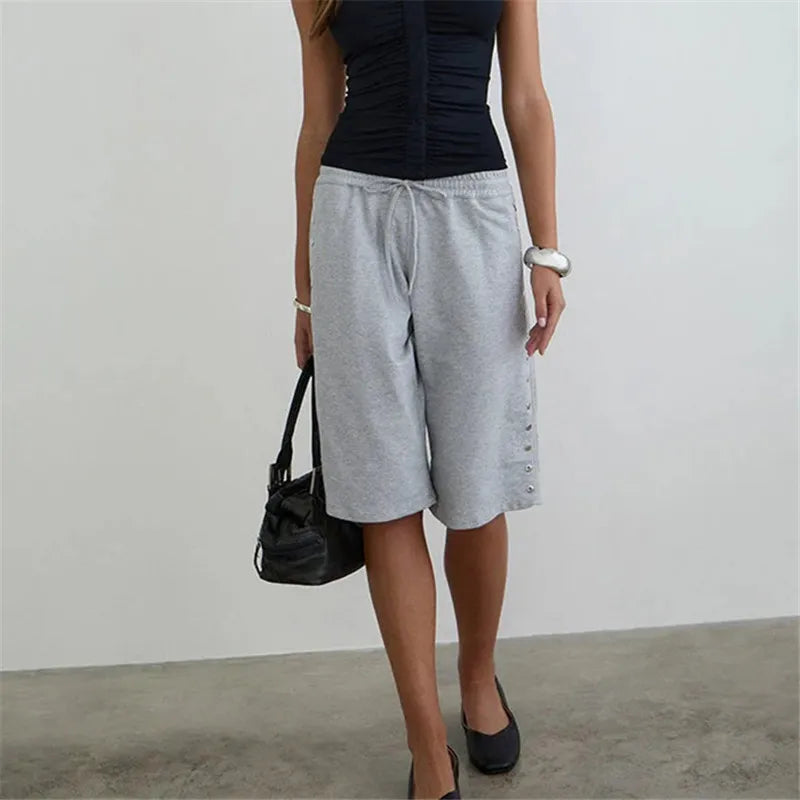 Women's Knee Length Sweat Shorts with Side Snap Buttons Drawstring Waist Casual Loose Fit Summer Y2K Streetwear