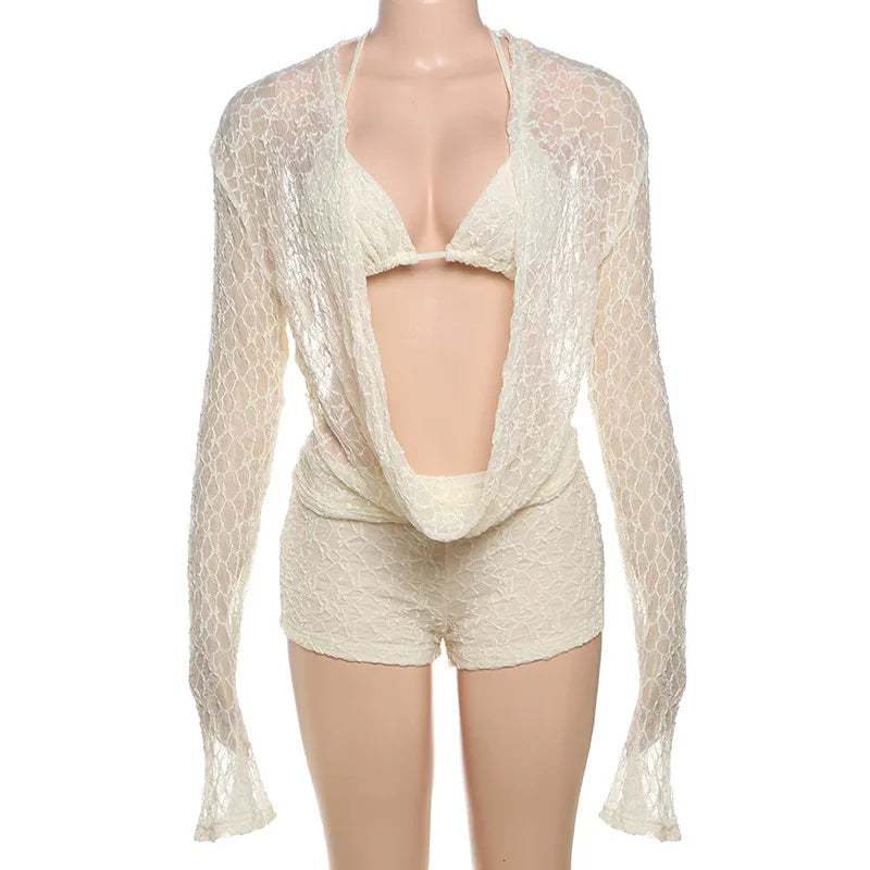 See Through Lace Sexy 3 Piece Set Long Sleeve Top and Shorts Suit for Woman Beach Vacation Outfits