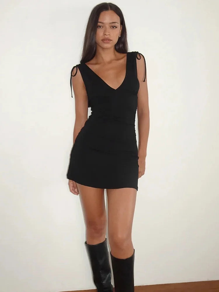 Women V Neck Tie Shoulder Sleeveless Mini Dress Ruched Bodycon Low Back Slim Fit Flared Hem Dress Club Party Dress
