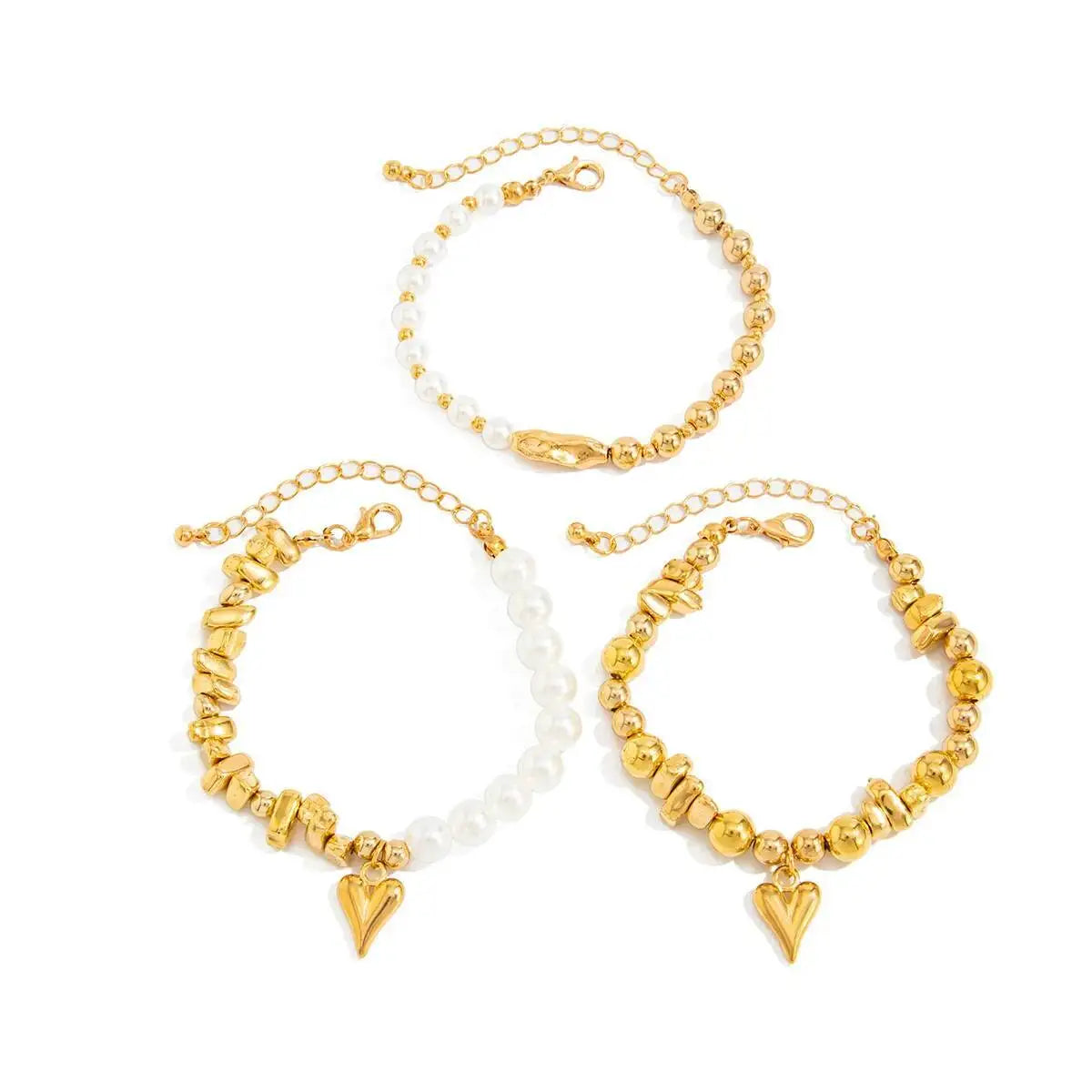 3Pcs/Set Bohemia Triangle Peach Heart Imitation Pearl Bracelets Women Trendy Elegant Bead Charm Bangles Y2K Jewelry ﻿ ﻿