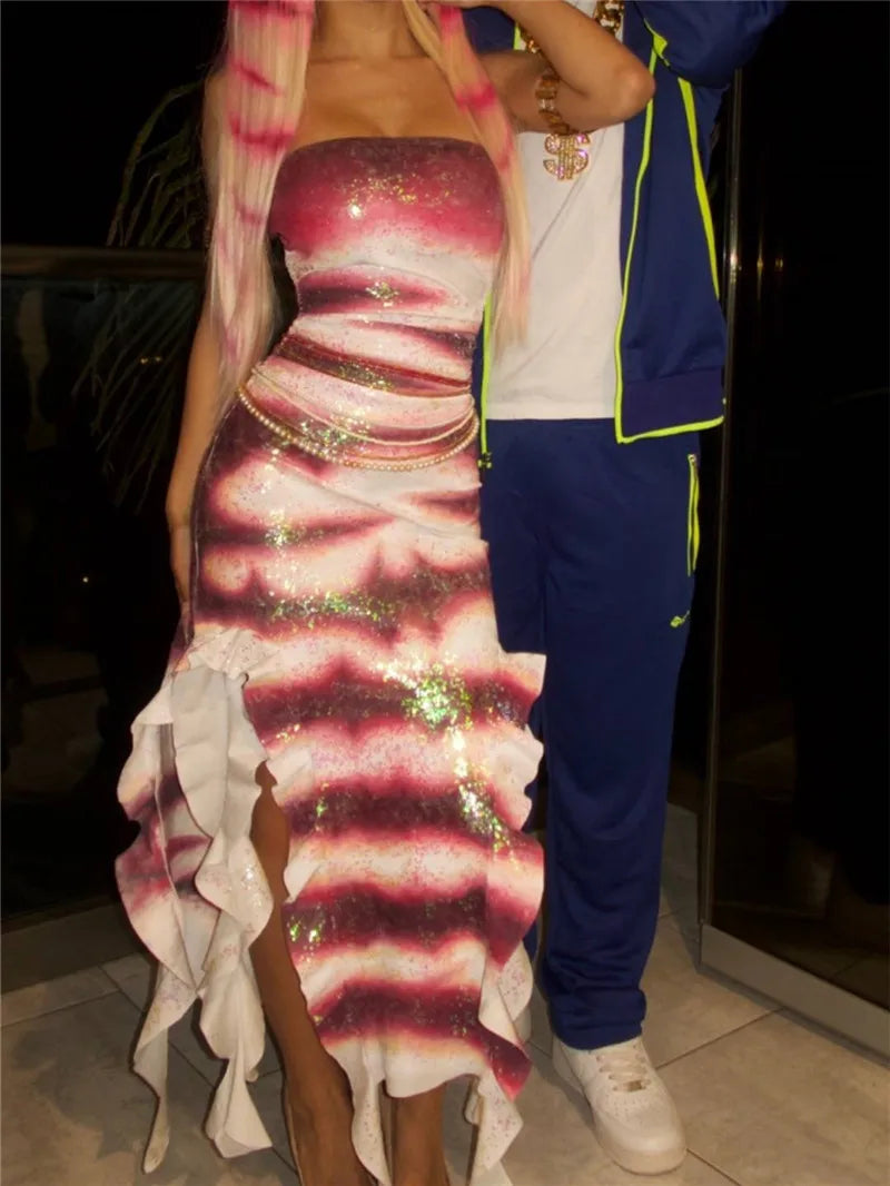 Halloween Shark Tale Costume Dress for Women Anime Sexy Sequin Tassel Hem Fish Strapless Tube Cosplay Maxi Dress