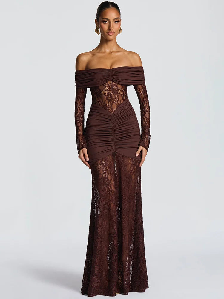 Off-shoulder Long Sleeve Sexy Maxi Dress Women Fashion Lace See Through Strapless Backless Bodycon Club Party Dresses