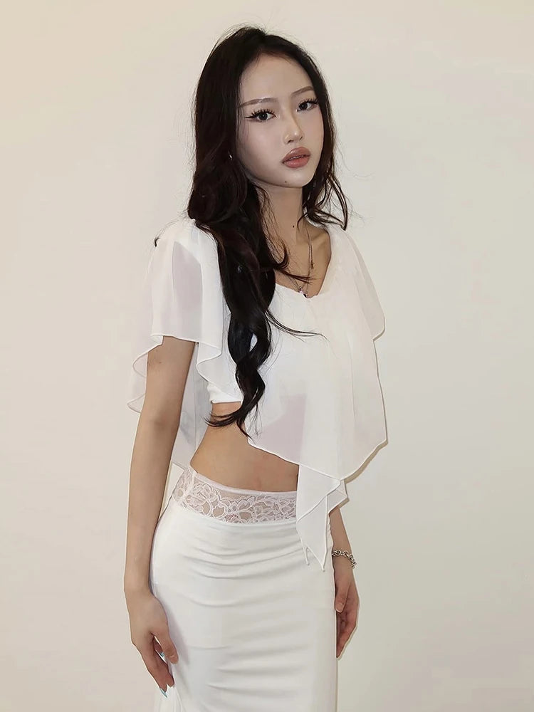 Elegant 2 Piece Set Women Fashion Trend Mesh Ruffled V-Neck Top+Lace Patchwork Long Skirt Sweet Chic Party Club Suits