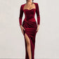 Square Collar Long Sleeve Sexy Maxi Dress For Women Velvet Fashion Ruched Split Bodycon Club Party Elegant Long Dress