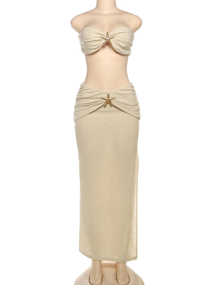 Starfish Decoration 2 Piece Set Women Lace-Up Backless Strapless Tops+Ruche Long Skirts Vacation Beach Party Outfits