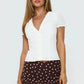 Women Ruffle V Neck Puff Sleeve Blouse Vertical Striped Button Down Cropped Shirt Vintage Slim Fit Casual Short Top