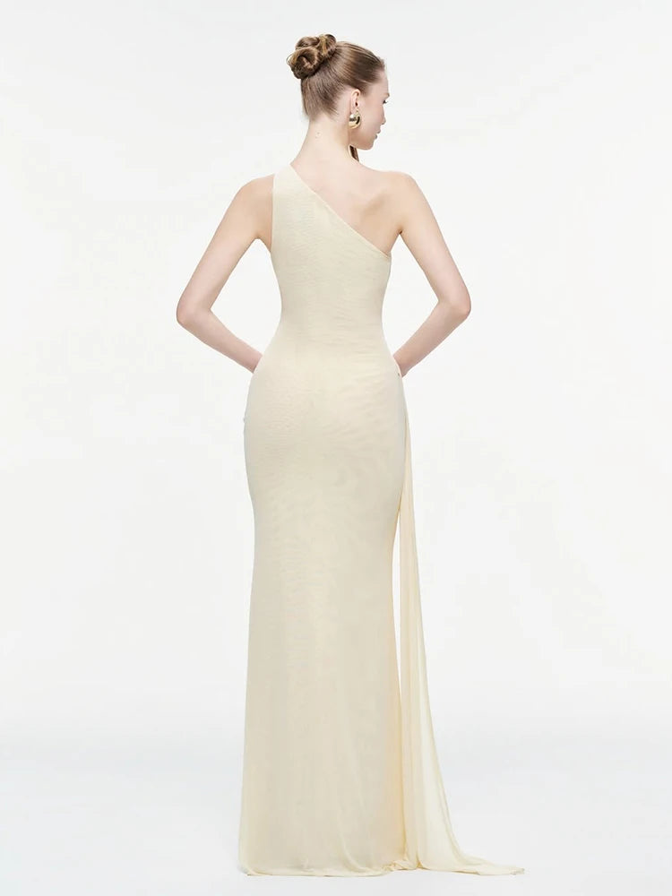 Mesh Tassel Maxi Dress Women Slanted Shoulder Folds Solid Elegant Birthday Party Vacation Summer Fashion Vestidos