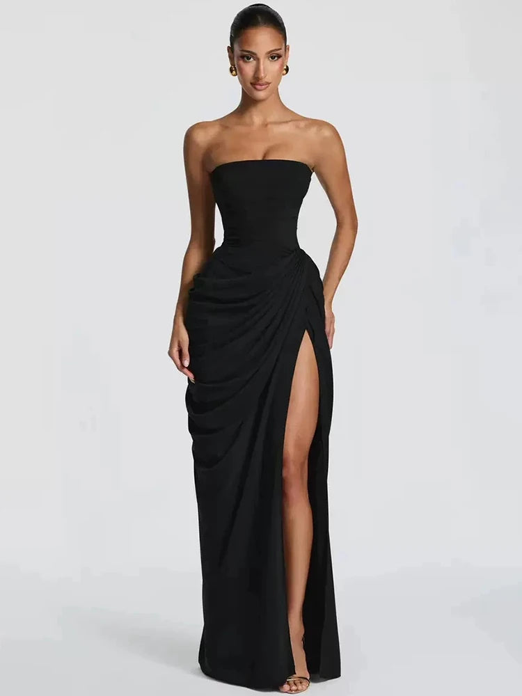 Chiffon Off-shoulder Strapless Sexy Maxi Dress Women Elegant Sleeveless Backless High Split Ruched Club Party Dress
