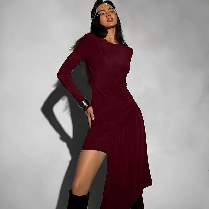 Long Sleeve Draped Mini Dress Solid Color Elegant Sexy Autumn Party Dresses 2025 Woman Clothes