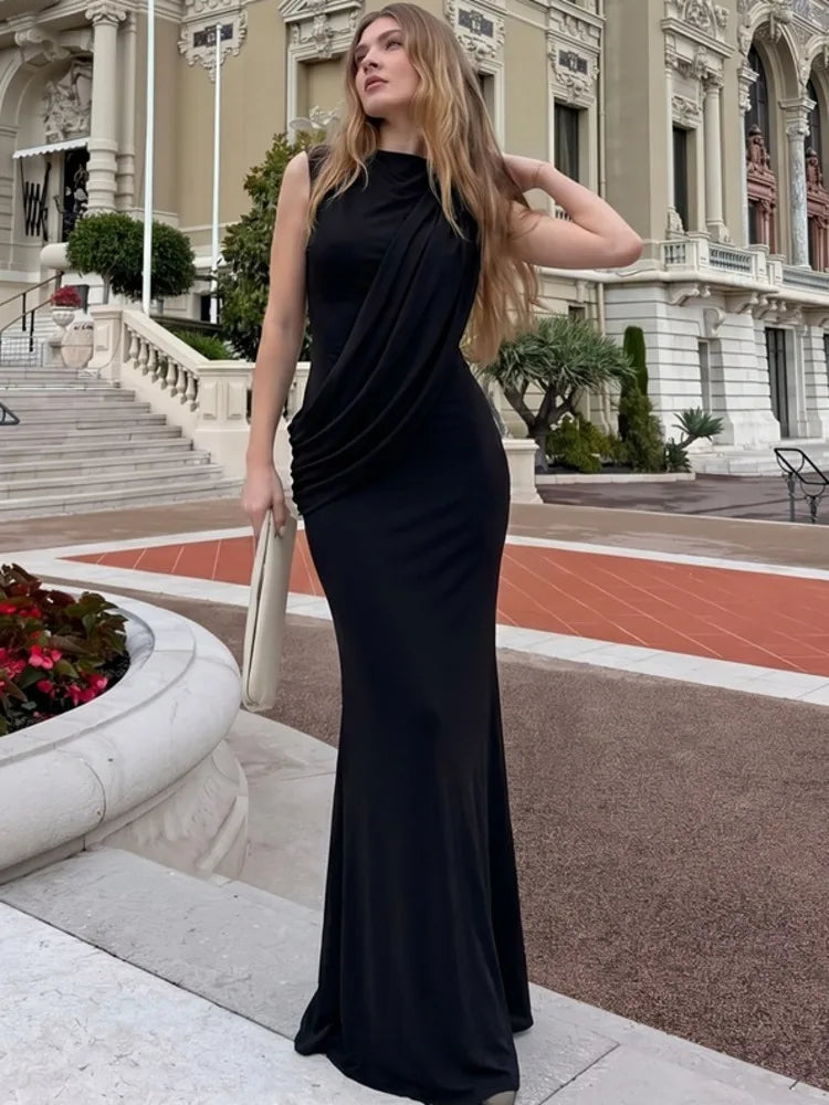 High Neck Draped Ruched Maxi Dress Women Elegant Sleeveless Bodycon Evening Club Party Long Dress Female Cocktail Gown
