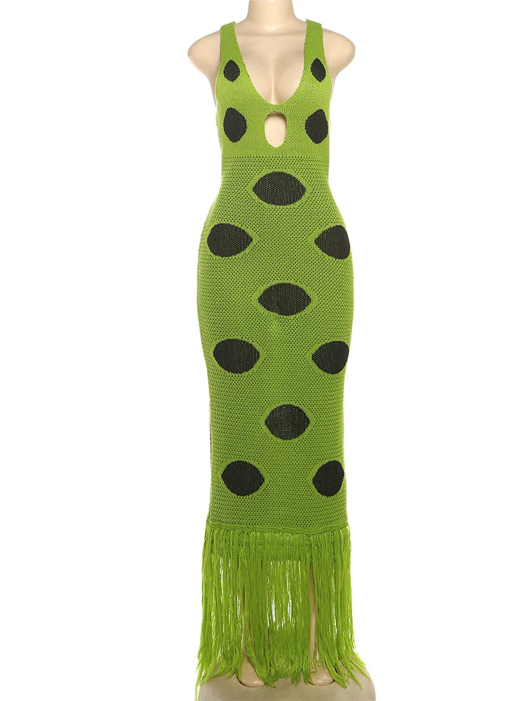 Knit Women Dress Beach Vacation Skinny Stretch Sleeveless Hollow Dot Tassel Hem Elegant Sexy Midnight Maxi Bodycon