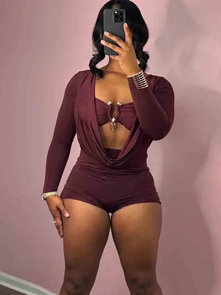 Sexy Women Swing Collar Romper+Metal buckle Bra Hipster Midnight Party Coquette New Spring Trend Workout Playsuits
