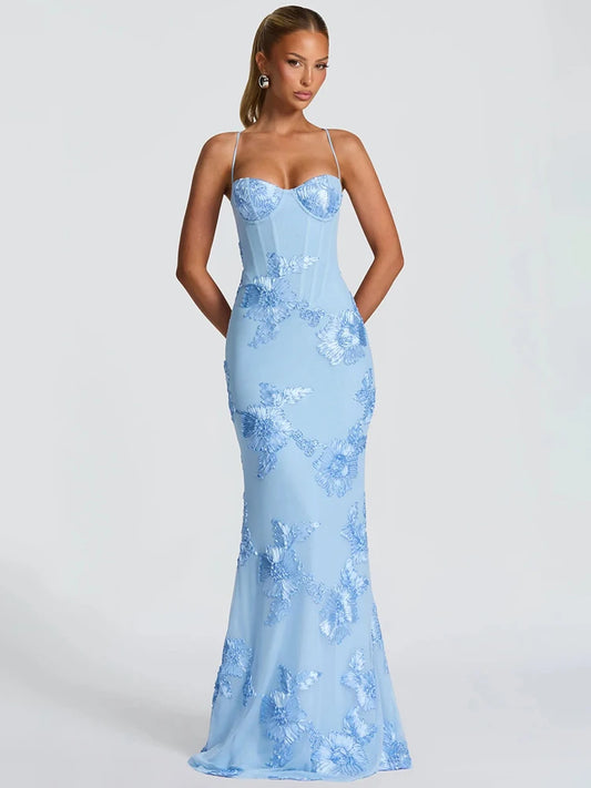Spaghetti Strap Backless Sexy Maxi Dress Women Gown Floral Ribbon Applique Sleeveless Bodycon Evening Club Party Dress