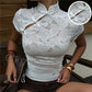 Summer Floral Lace Cheongsam Top Mandarin Stand Collar Cutout Frog Buttons Side Tie Ruched Slim Cropped Oriental Blouse