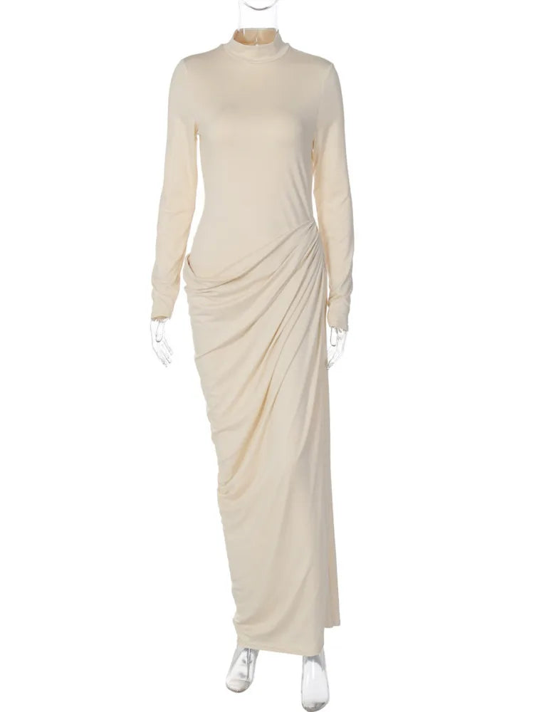 Turtleneck Long Sleeve Sexy Maxi Dress Women Autumn Winter Elegant Backless Button Ruched Bodycon Club Party Long Dress