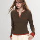 Women's Henley Ringer T-Shirt with Contrast Trim, Long Sleeve Casual Slim Top for Everyday Wear