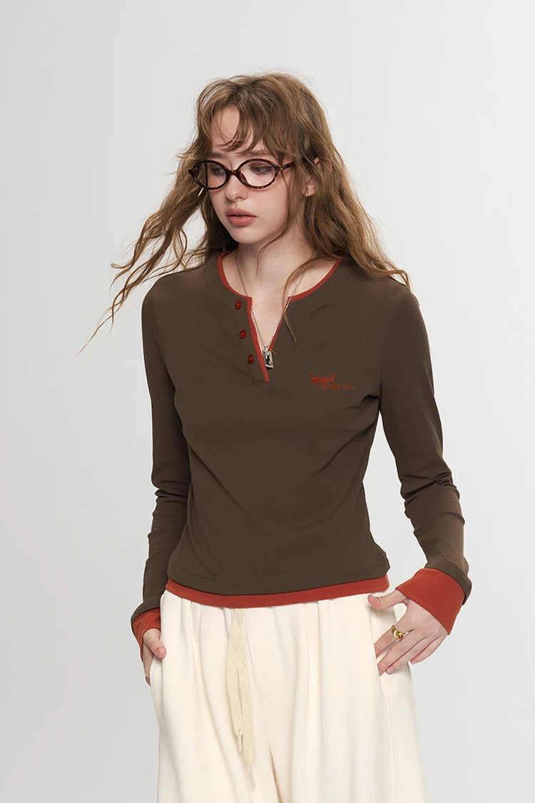 Women's Henley Ringer T-Shirt with Contrast Trim, Long Sleeve Casual Slim Top for Everyday Wear