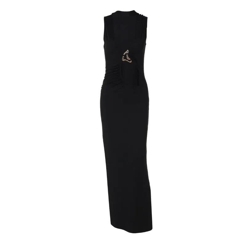 Hardwear Detail Hollow Deep V Sleeveless Long Dresses for Women Sexy Black Party Dress