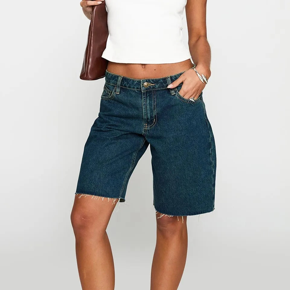 Women Loose Fit Denim Shorts Elegant Solid Color Zip Fly with Button Closure Bermuda Jean Shorts for Beach Daily Wear