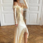 Slash Neck Ruffled Patchwork Satin Dress Women Sexy Hollow Irregular Hem Full Sleeve Elegant Chic Party Club Long Bodycon