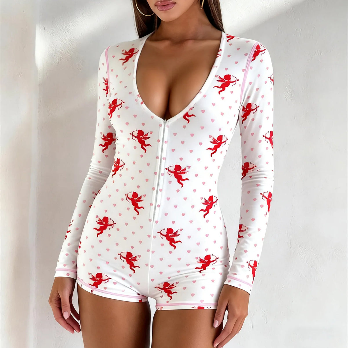 Women Sexy Bodysuit Pajama Heart Print Deep V-Neck Long Sleeve Shorts Jumpsuit Y2k Button Front Rompers Overall