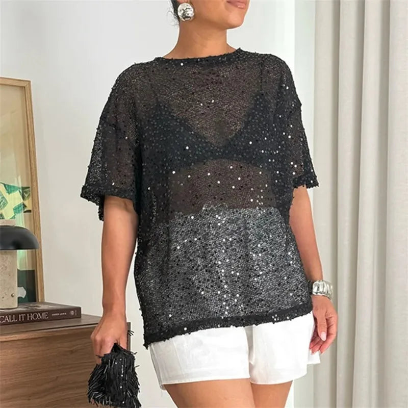 Women's Oversized Sequin Mesh T-Shirt Sheer Knit Half Sleeve Sparkly Blouse Casual Summer Beach Cover Up Top Party Club