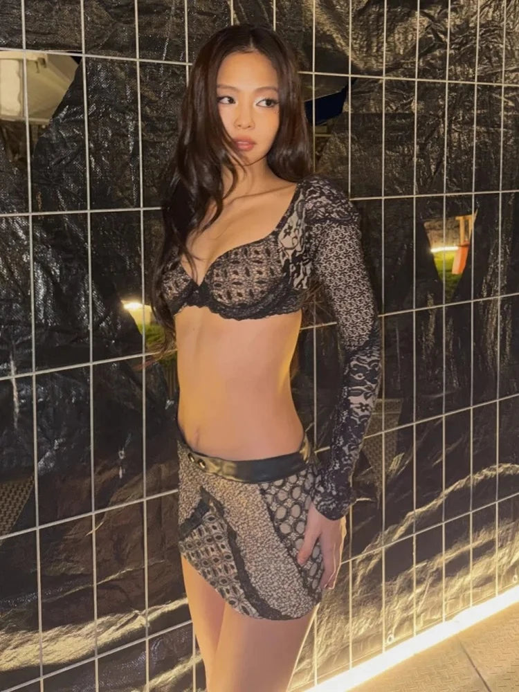Jacquard t-Shirt Women Full Sleeve Low-Neck Skinny Sexy Midnight High Street Music Festival Hottie Party Clubwear