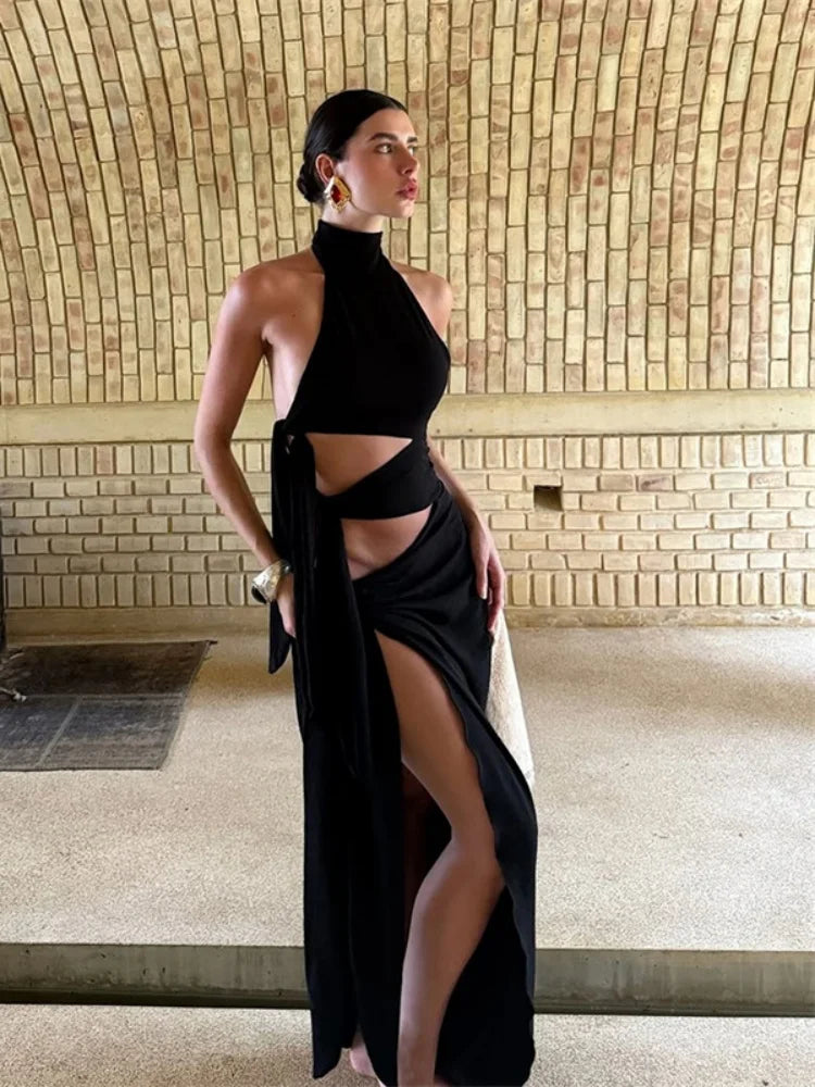 Sexy Asymmetrical Black Dress Party Tie Up Hollow Out Halter Backless Split Long Dresses for Woman