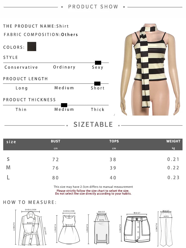 Stripe Print Camisole+Scarf Women Low-Neck Backless Skinny Stretch Summer High Street Casual Style Classic Tank Tops