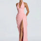 Elegant Backless Dress Women Sexy Fashion Halter Deep V-Neck Ruched Patchwork High Split Simple Banquet Party Bodycon