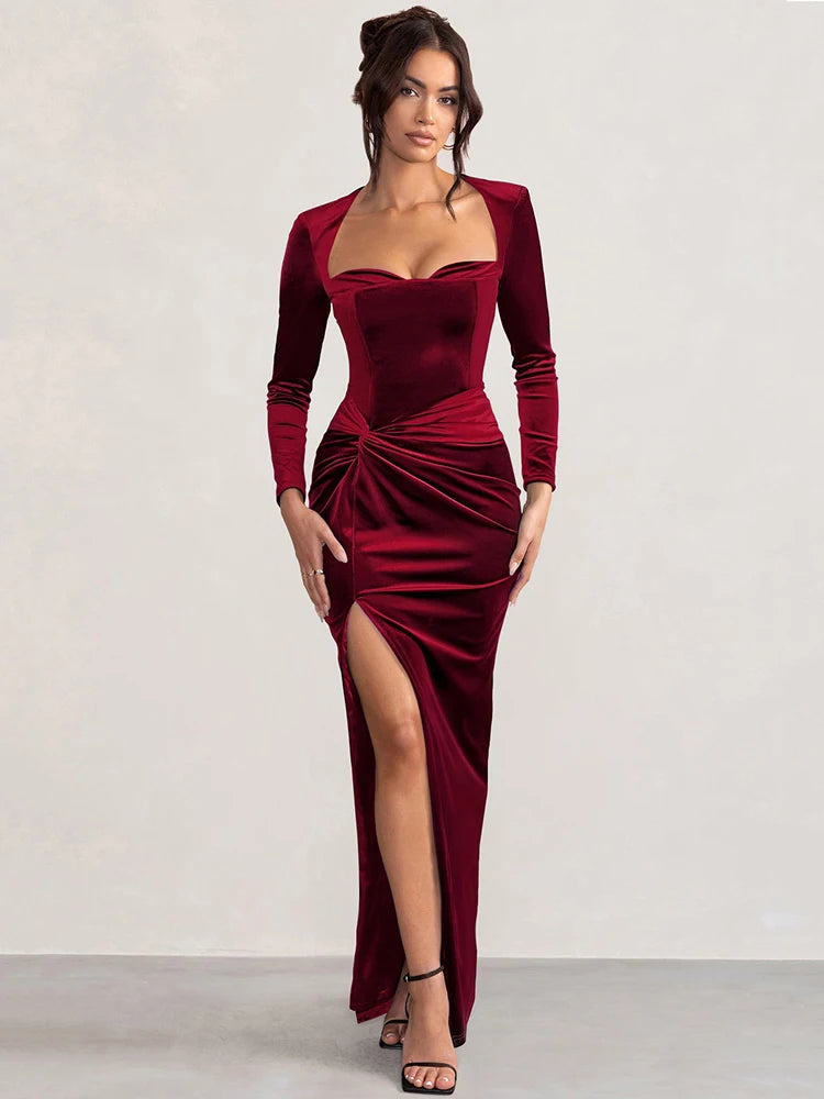 Square Collar Long Sleeve Sexy Maxi Dress For Women Velvet Fashion Ruched Split Bodycon Club Party Elegant Long Dress
