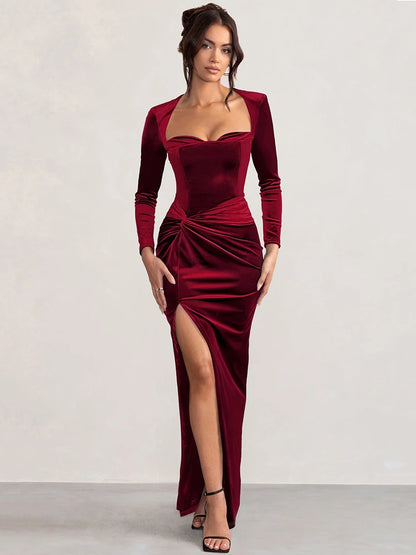 Square Collar Long Sleeve Sexy Maxi Dress For Women Velvet Fashion Ruched Split Bodycon Club Party Elegant Long Dress
