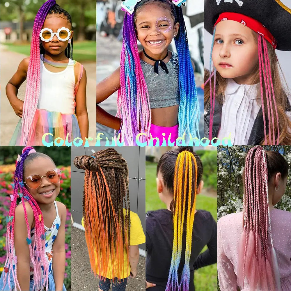 Synthetic Colored Braided Ponytail Hair Extension Rainbow Color Braids Pony Tail With Elastic Band Girl's Pigtail