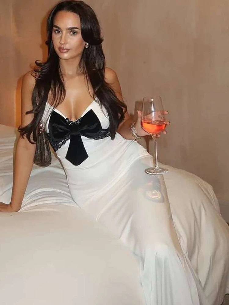 Sexy Bow Jacquard Dress Women Simple Sleeveless V-Neck Midnight Banquet Party Vacation Hipster Stretch Long Bodycon
