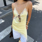 Women Y2K Lace Trim Satin High Low Tops Silk Spaghetti Strap Side Split Asymmetrical Cami Top Flowy Silky Layering Tops