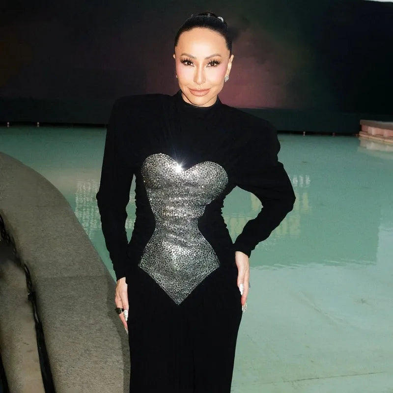 Sequined Body Ball Gown Black Luxury Evening Dress Long Sleeve Pleated Maxi Dresses Woman