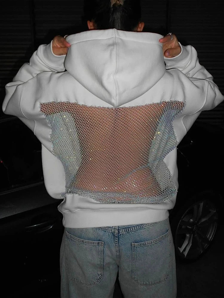 Harajuku Hooded Sweatshirt Women Autumn Trend Backless Glitter Mesh Patchwork Casual Streetwear Hipster Pulloverr