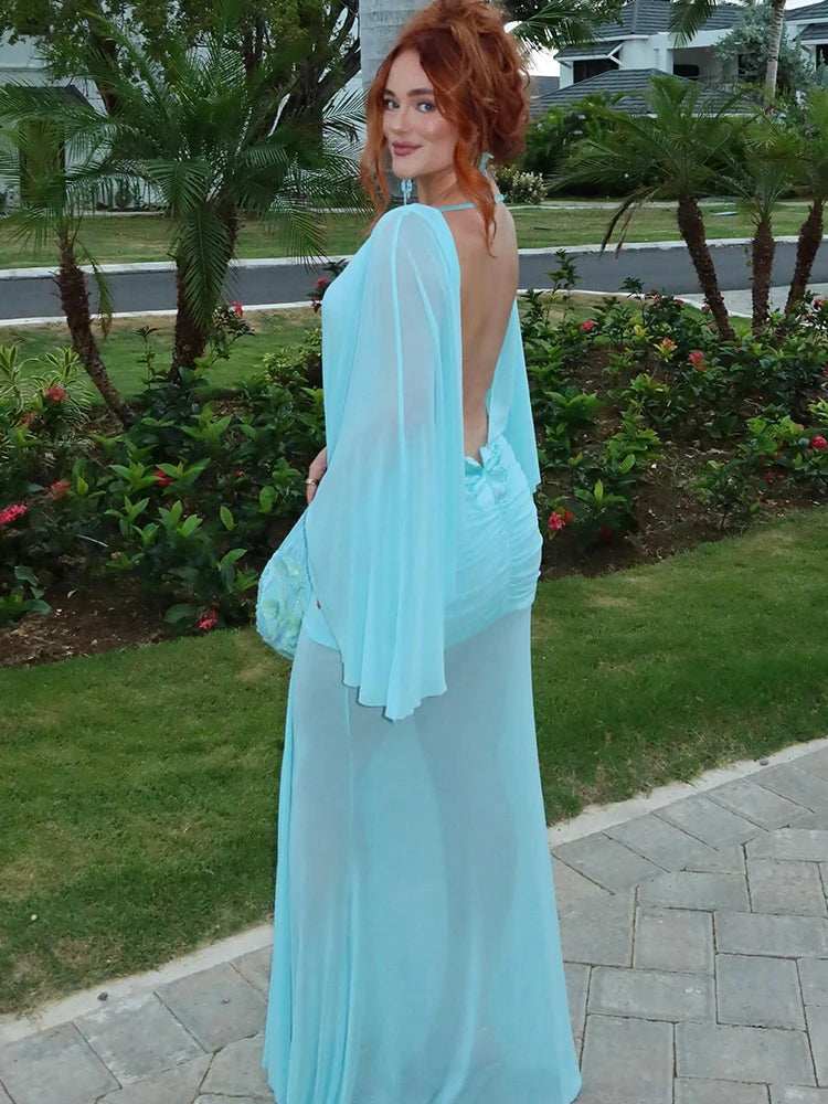 Ruched Elegant Long Dress Woman Autumn Trend Sexy See Through o-Neck Backless Batwing Sleeve Beach Style Vestidos