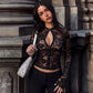 Sexy Sheer Black Floral Lace Crop Tops Front Clasp Closure Long Sleeve Woman's Shirts 2026 Fall Clothes