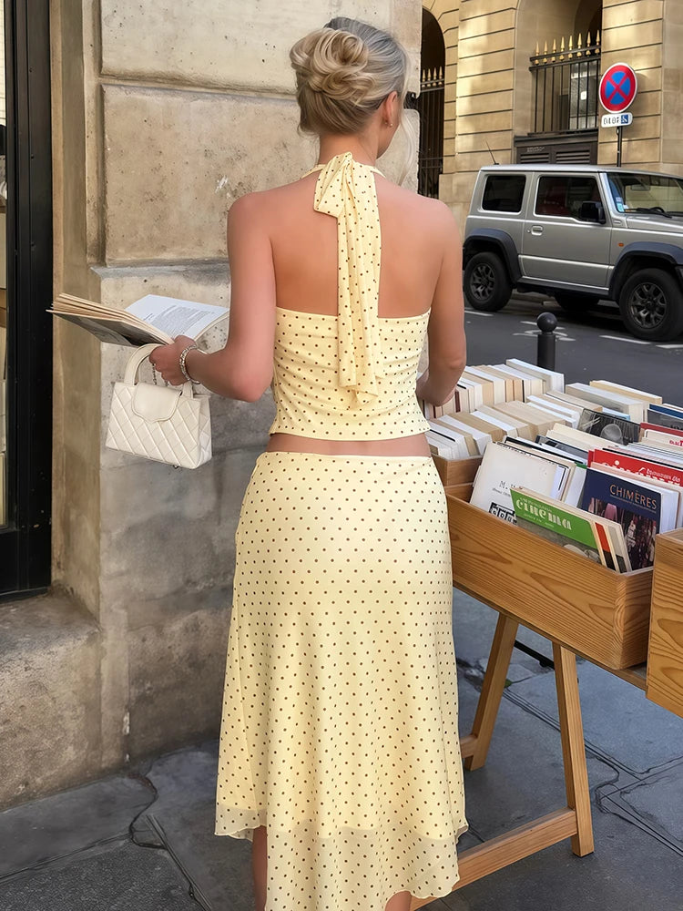 Ruched Elegant 2 Piece Set Woman Polka Dot Print Halter Backless Tank Tops+Elastic Waist Long Skirts Y2K Style Suits