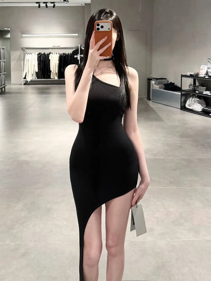 Asymmetrical Hem Dress Women One-Shoulder Sleeveless Solid Skinny Classic Sexy Midnight Hottie Summer Fashion Bodycon