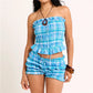 Y2K Retro Plaid Smocked Tube Top Ruffled Drawstring Shorts Two Piece Set Casual Summer Outfit For Women Beach Vacation