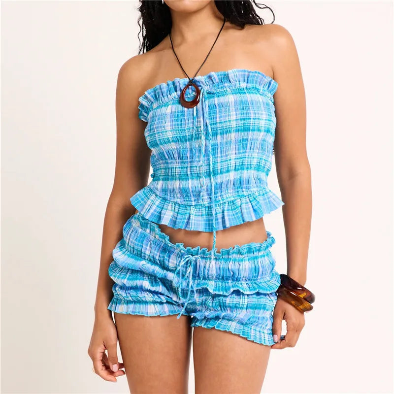 Y2K Retro Plaid Smocked Tube Top Ruffled Drawstring Shorts Two Piece Set Casual Summer Outfit For Women Beach Vacation