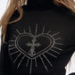 2025 Winter New Arrivals Y2K Slimming Heart Graphic High Neck Asymmetric Hem Long Sleeves Tshirt For Women