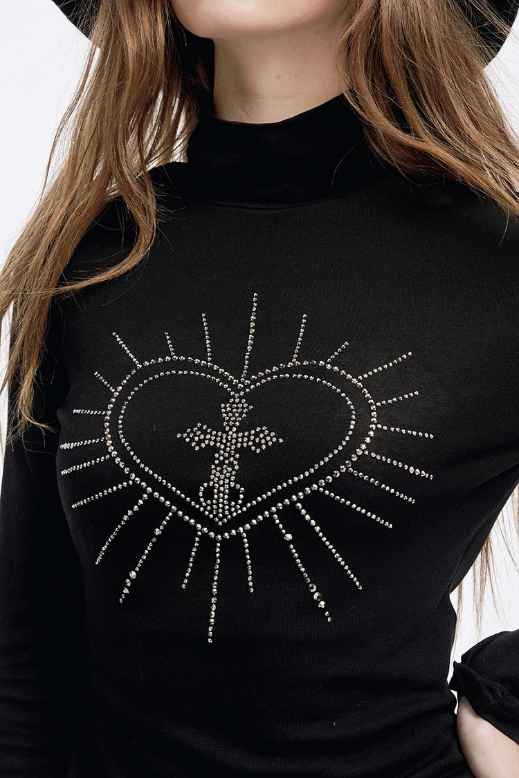 2025 Winter New Arrivals Y2K Slimming Heart Graphic High Neck Asymmetric Hem Long Sleeves Tshirt For Women