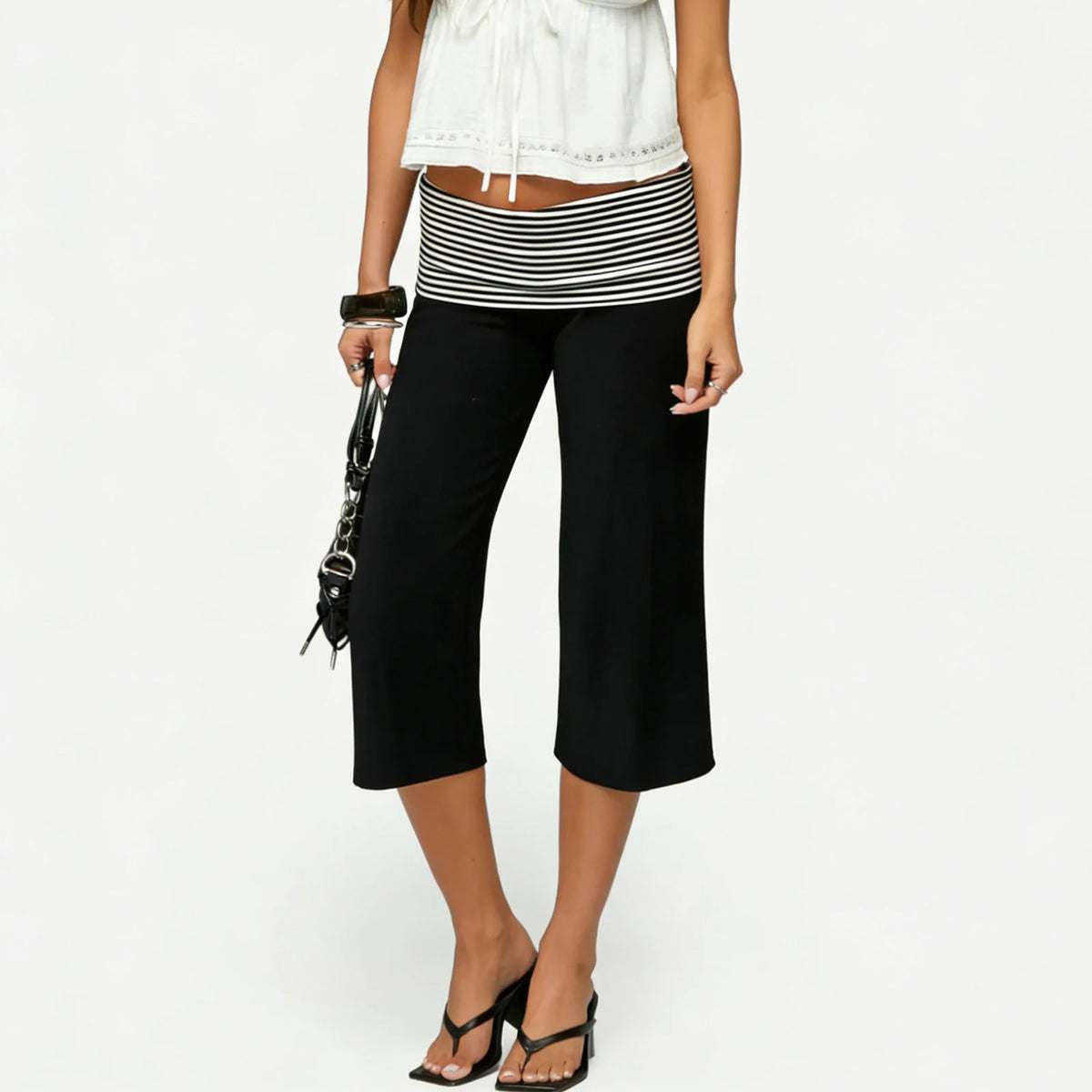Womens Fold Over Lounge Capri Pants Striped Low Rise Wide Leg Gaucho Pants Yoga Culottes Casual Foldover Bottoms