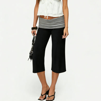 Womens Fold Over Lounge Capri Pants Striped Low Rise Wide Leg Gaucho Pants Yoga Culottes Casual Foldover Bottoms