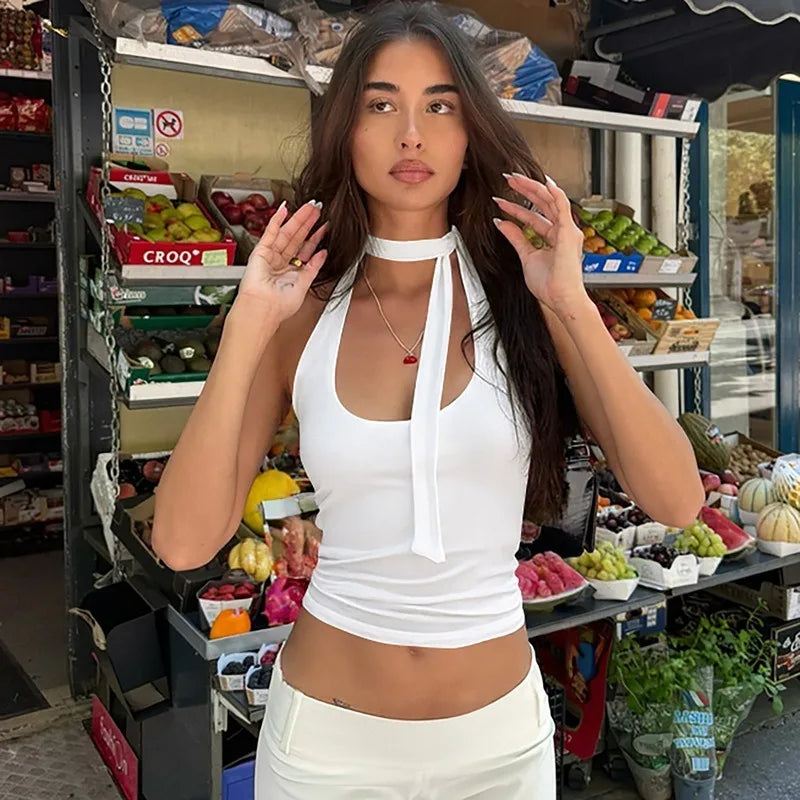 Lace Up Halter Crop Top Sexy Summer Clothes for Woman Solid Color Tanks & Camis