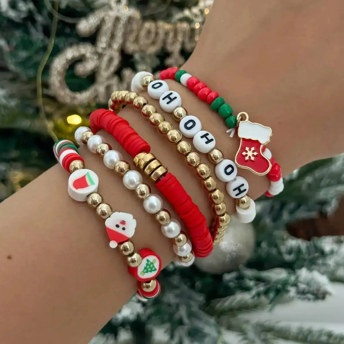 6pcs New Cute Christmas Boots Pendant Bangles Women Boho Imitation Pearl Adjustable Bracelet Jewelry Christmas Gift